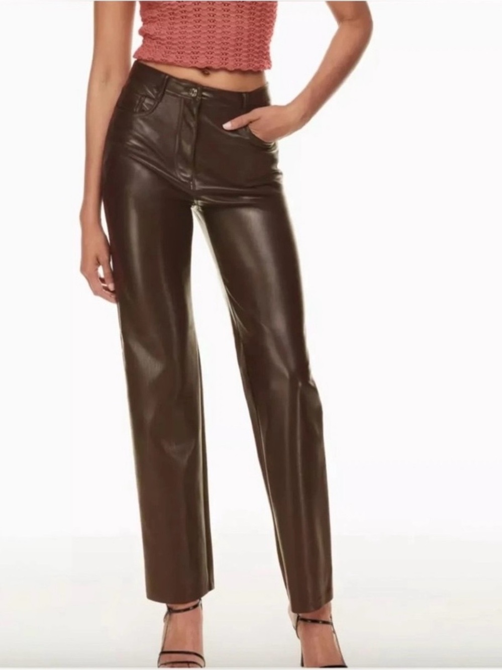 Aritzia Vegan Leather Straight-Leg Jeans - Dark Brown